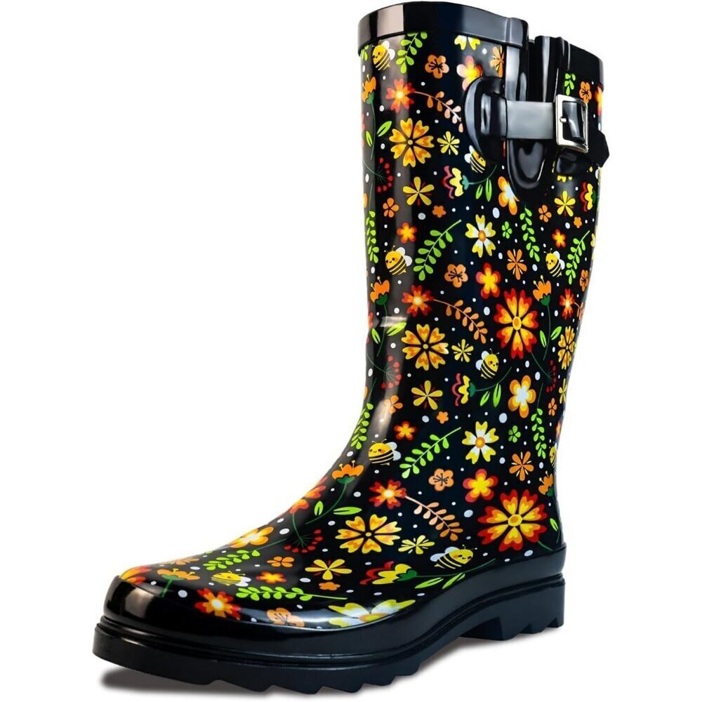 Womens Garden Blossom Black Waterproof Tall Knee High Rubber landchief Rain Boot